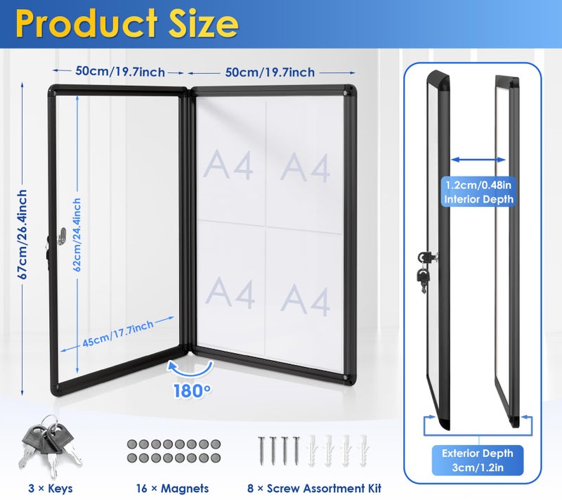 S SWANCROWN لوحة إعلانات مغناطيسية مغلقة SWANCROWN لمكتب مع باب قفل، إطار أسود، 26x20 بوصة (4XA4) - Image 2
